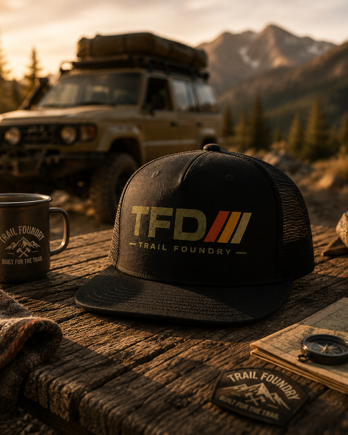 Trail Foundry Trucker Cap, Vintage Racing Stripes, Off Road Adventure Hat